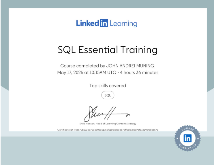 SQL Essential Training Certificate